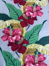 Aloha WAIKIKI Hibiscus Floral Gray Hollywood Regency Barkcloth Vintage Fabric picture