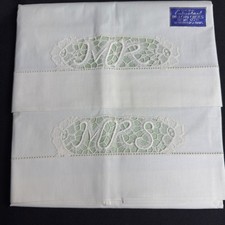 Vintage Mr and Mrs Embroidered Pillowcases White Lace Cutwork Wedding Gift Pair picture