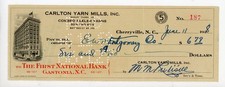 1928 Carlton Yarn Mills Check Cherryville NC Textile Mill Ephemera Bank Draft picture