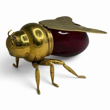 Vintage Italy I.F.S. Silver Plated Brass & Ruby Red Glass Honey Bee Pot 6.5” picture