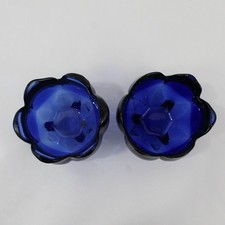 2 Vintage Cobalt Blue Art Glass Tulip Footed Votive Candle Holders picture