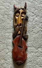 OOAK Vtg Hand Carved FOLK ART Fantasy Devil Musician w/ HORNS Wood Carving 24”L  picture