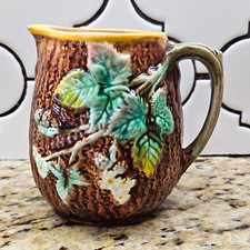 Antique Majolica Pitcher Creamer Bark Wood Berry Leaves 19th Century  Vintage picture