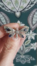 Victorian Butterfly Brooch Pin Sapphire Paste & Diamond 14k White Gold Plated picture