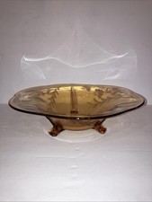 Vintage 1930'S FOSTORIA Amber 12” Serving Bowl Depression GLASS W/Etched Flower picture