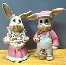 Vintage Sue Spears 1990 Ceramic Rabbit Figurines Set of 2 Pink Dress & Overalls picture