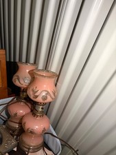 Vintage MCM Art Deco 40-50s Frosted Pink Glass Boudoir Electric Lamps Set of 2 picture