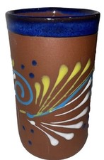 Mexican Folk Art Terra Cotta Pottery Tumbler Cup Vase Raised Design Hand Painted picture