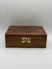 Vintage Carved Wood Jewelry Trinket Box Brass & Wood Inlay Floral Velvet Lined picture