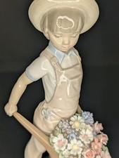 Vintage Lladro 1283 Little Gardener Boy Wheelbarrow Flowers Porcelain 9.5