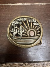 Vintage 1970s Brass Desert Sunset Saguaro Cactus Open Work Belt Buckle picture