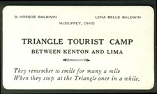 Triangle Tourist Camp McGuffey OH business card ca 1930s The Baldwins picture