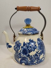 MacKenzie Childs White Blue Enamel Tea Kettle picture