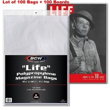 Lot of 100 BCW Life Magazine Size Poly Bags + 100 Acid Free Backer Boards picture
