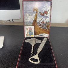 Vintage KONGE TINN Norway Royal Pewter Vikings Wine Bottle Opener w/Original Box picture