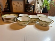 Set Of 5 Vintage Noritake M Wreath Floral Green Gold Trim Tea Cup & Sauce picture