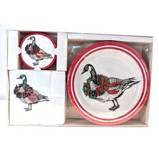 VTG Gordon Fraser Gallery CHRISTMAS Towels Plates Coasters Set Goose Wreath Nap picture