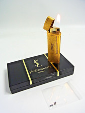 Working Yves Saint Laurent YSL Gas Lighter Gold Plated w/Box & 2pcs flints EX picture