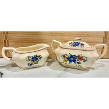 1930s Steubenville Pottery Ivory Blue Multi Floral Sugar Bowl w Lid creamer Set picture
