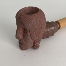 Vintage Effigy Peace Pipe Plains Tribes Catlinite Indian Head w Wood Stem picture