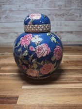 Vintage Blue with Pink Flowers Ginger Jar with Lid From China. Excellent Cond picture