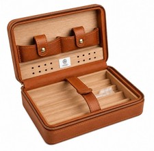 Brown Cigar Case Portable Cedar Wood Leather Travel Humidor Box 4 Cigars Gift picture