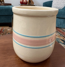 Vintage McCoy Blue And Pink Stripe Utensil Crock Canister Planter EXC 6