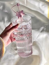 Hot Starbucks Cherry Blossom Pink Gradient Clear Fashion Glass Straw Mug Gift picture