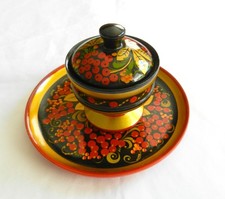 Khokhloma Plate Tray & Bowl Lid Traditional Berry Hand Painted Russian Folk Art picture