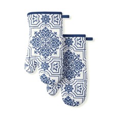 Martha Stewart Strie Medallion Oven Mitt 2 Pack Set Navy Blue 7x13 picture