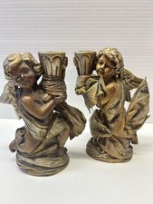 Vtg Cherub Angel Candle Holders Pair Hand Made Japan Bronze Gold Figurines picture