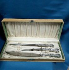 VTG Near Antique 3pc Carving Set Quadruple Plate Sheffield England Ornate Floral picture