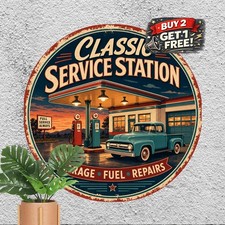 Classic Gas Station Service Round Metal Tin Sign Garage Wall Decor 8x8 picture