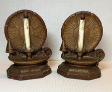 Pair Vtg Syroco Composite Wood Bookends Candleholder & Reflector Brown Metallic picture