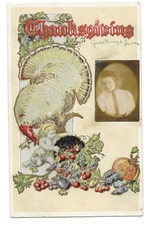 1906 Thanksgiving embossed Postcard~w/ real photo of woman picture