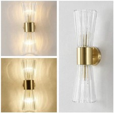 EFINEHOME Mid-Century Modern Double Crystal Lampshade Wall Light Gold Brass picture