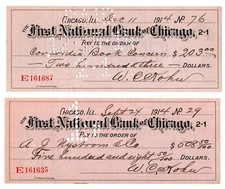 (2)  1914 CHICAGO IL FIRST NATIONAL BANK OF CHICAGO BANK CHECKS - 111 YEARS OLD picture