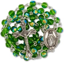 Green Crystal Glass Beads Rosary Necklace with Miraculous Medal & Crucifix picture