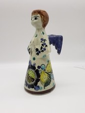 Tonala Praying Blue Angel Candle Holder Mexican Art Pottery Signed Wings Vintage picture