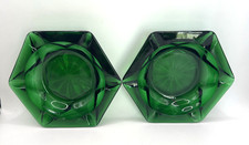X 2 Vintage MCM Emerald Green Glass Ashtray Hexagon 5