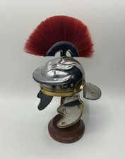 Roman Style Polished Metal Helmet 11in w/ Red Plume & Wooden Display Stand picture