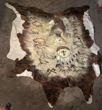 Native American Hand Painted Hide Eagle Buffalo Teepee Wolves 7ft x 6 ft picture