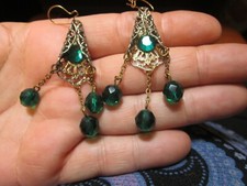 Vintage Green Stone Egyptian Style Gold silver Tone Clip On Drop Dangle Earrings picture