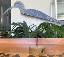 Metal Painted Sandpiper Shorebird Decoy on Wood Stand RJZ 89 Signed Curved Bill picture