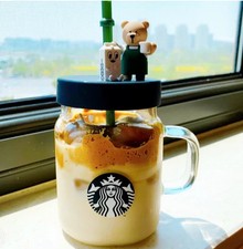 Limited Edition Starbucks 600ml Green Apron Straw Cup Bear 16OZ Glass Cup picture