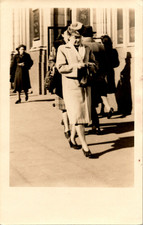 1949 Candid Woman Walking City Street Winter Fashion Snapshot RPPC picture