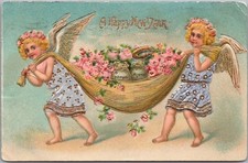 1908 HAPPY NEW YEAR Embossed Postcard Angel Girls w/ Pink Roses & Bags of Money picture
