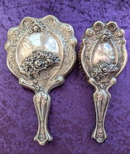 Antique Bevel Glass Hand Mirror & Hairbrush w' Beautiful Repousse Flower Basket picture