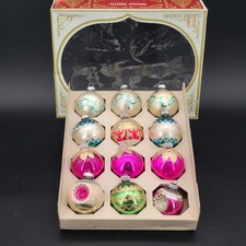 Vtg Shiny Brite Mixed Designs Mica Glass Christmas Ornaments Box 12 Indent picture