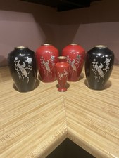 Vintage Korean Lacquer Vases Set of 5 Mother of Pearl Inlay Red Black 10” & 7.5” picture
